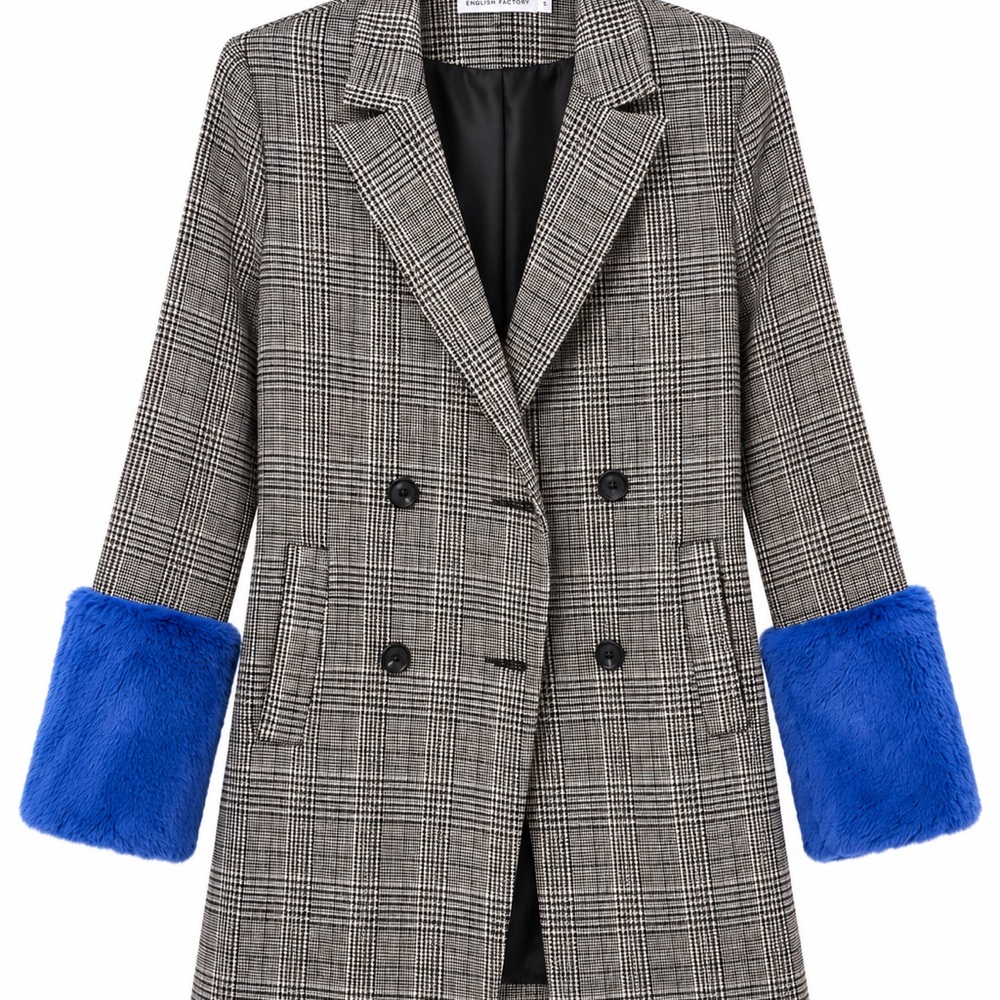 English Factory Plaid Double-Breasted Coat with Blue Faux Fur Cuffs